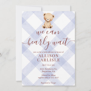 004 Indigo Blue Teddy Bear Gingham Baby Shower Invitation