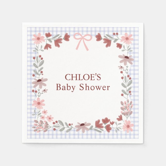 004 Indigo Blue Wildflower Bow Gingham Shower Napkin (Front)