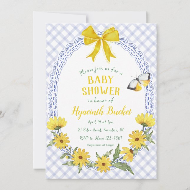 004 Indigo Yellow Daisy Bow Gingham Baby Shower Invitation (Front)