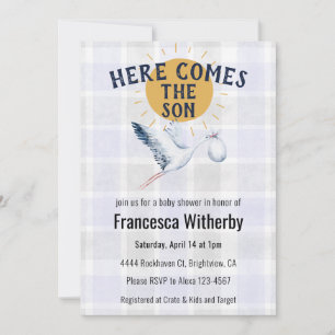 005 Iris 020 Fog Sun Plaid Stork Baby Shower Invitation