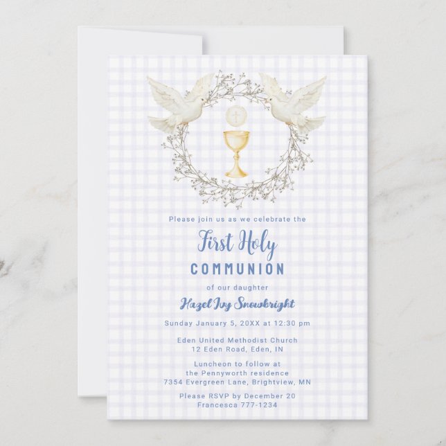 005 Iris Dove & Chalice Gingham 1st Communion Invitation (Front)