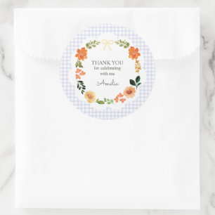 005 Iris Lavender Floral Gingham Baby Shower Classic Round Sticker