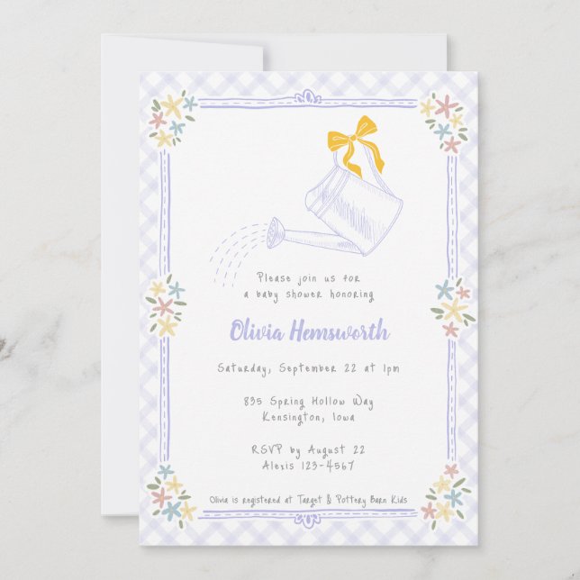 005 Iris Lavender Gingham Watering Can Baby Shower Invitation (Front)