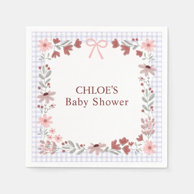 005 Iris Lavender Wildflower Bow Gingham Shower Napkin (Front)