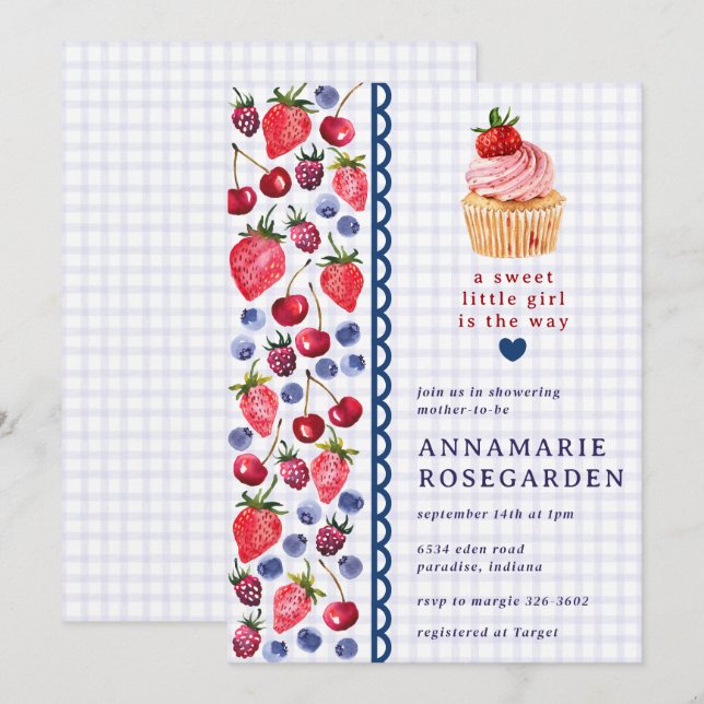 005 Iris Purple Berry Patch Cupcake Baby Shower Invitation (Front/Back)
