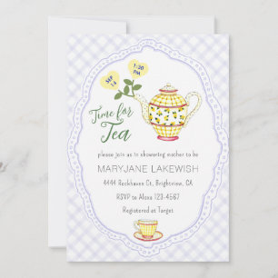 005 Iris Purple Cute Gingham Tea Party Baby Shower Invitation