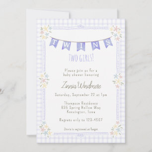 005 Iris Purple Gingham Floral Twins Baby Shower Invitation