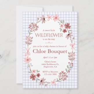 005 Iris Purple Wildflower Bow Gingham Baby Shower Invitation