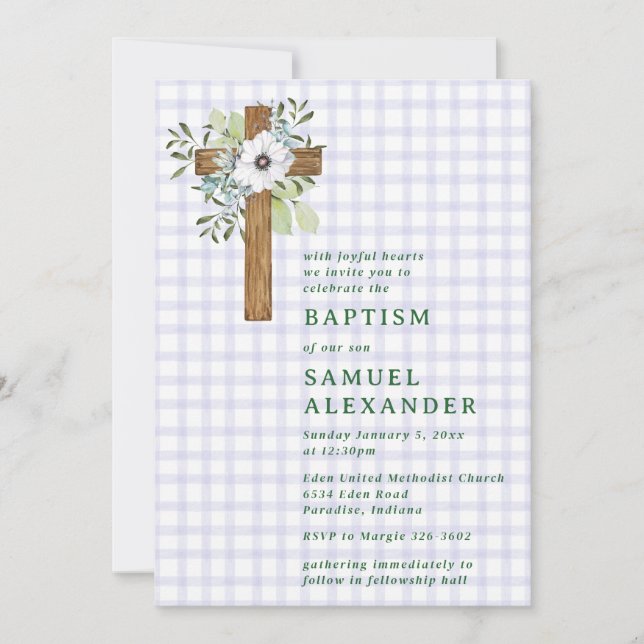 005 Iris Rustic Greenery Wooden Cross Baptism Invitation (Front)