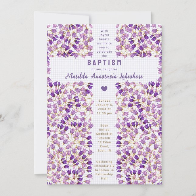 005 Iris Stained Glass Garden Gingham Baptism Invitation (Front)