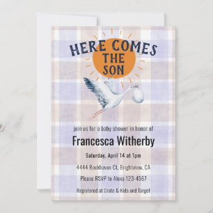005 Iris Watercolor Plaid Stork Boho Baby Shower Invitation
