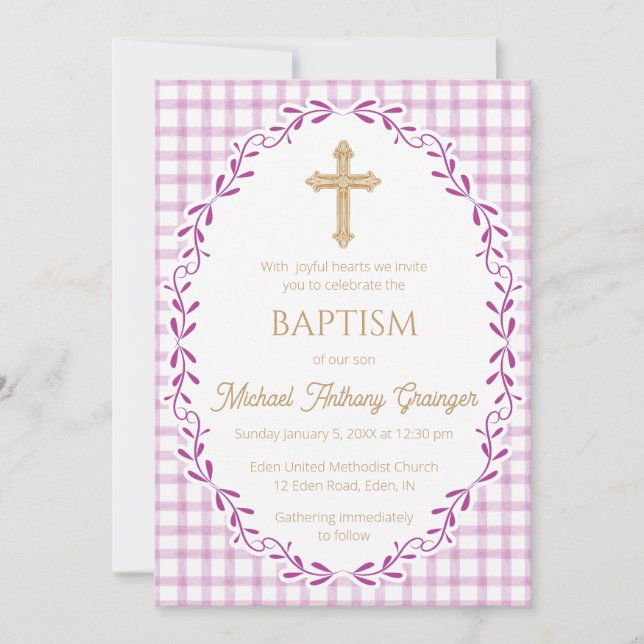 006 Wine Botanical Vine Ornate Cross Baptism Invitation (Front)