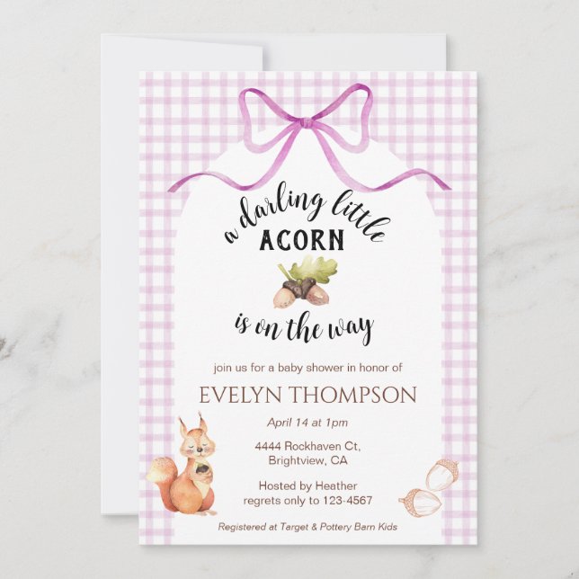 006 Wine Cute Squirrel Acorn Gingham Baby Shower Invitation (Front)
