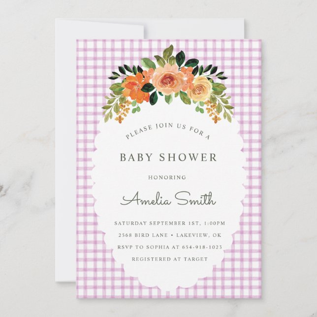 006 Wine Floral Gingham Baby Shower Invitations (Front)