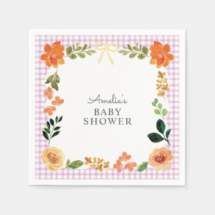 006 Wine Purple Floral Gingham Baby Shower Napkin