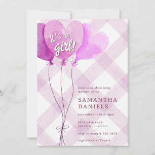006 Wine Purple Heart Balloon Gingham Baby Shower Invitation