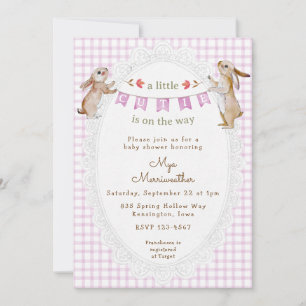 006 Wine Purple Sweet Bunny Gingham Baby Shower Invitation