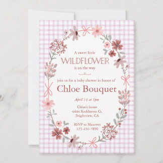 006 Wine Purple Wildflower Bow Gingham Baby Shower Invitation