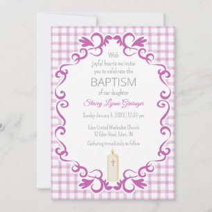 006 Wine Scroll Gingham Cross Candle Baptism Invitation