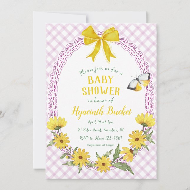 006 Wine Yellow Daisy Bow Gingham Baby Shower Invitation (Front)