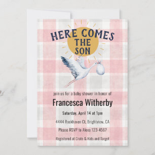 007 Red 020 Fog Sun Plaid Stork Baby Shower Invitation