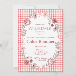 007 Red Boho Wildflower Bow Gingham Baby Shower Invitation