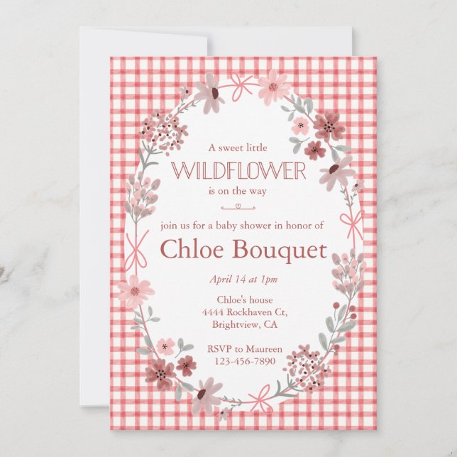 007 Red Boho Wildflower Bow Gingham Baby Shower Invitation (Front)