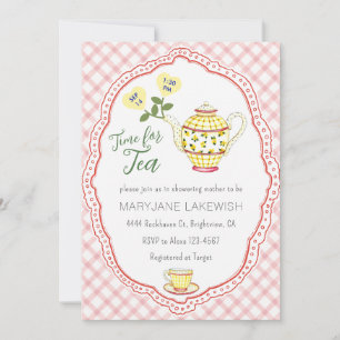 007 Red Cute Gingham Tea Party Baby Shower Invitation