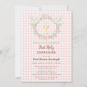 007 Red Dove & Chalice Gingham 1st Communion Invitation