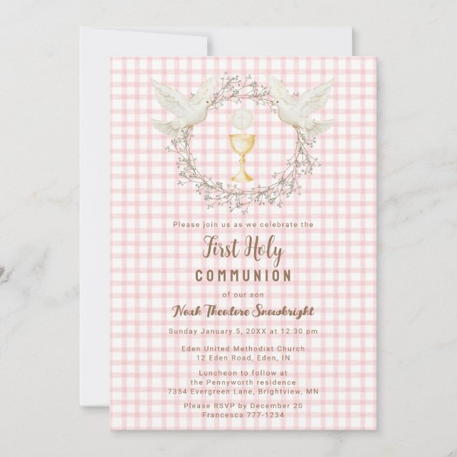 007 Red Dove & Chalice Gingham 1st Communion Invitation (Front)
