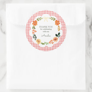 007 Red Floral Gingham Baby Shower Classic Round Sticker