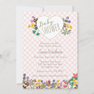 007 Red Gingham Garden Heart Floral Baby Shower Invitation