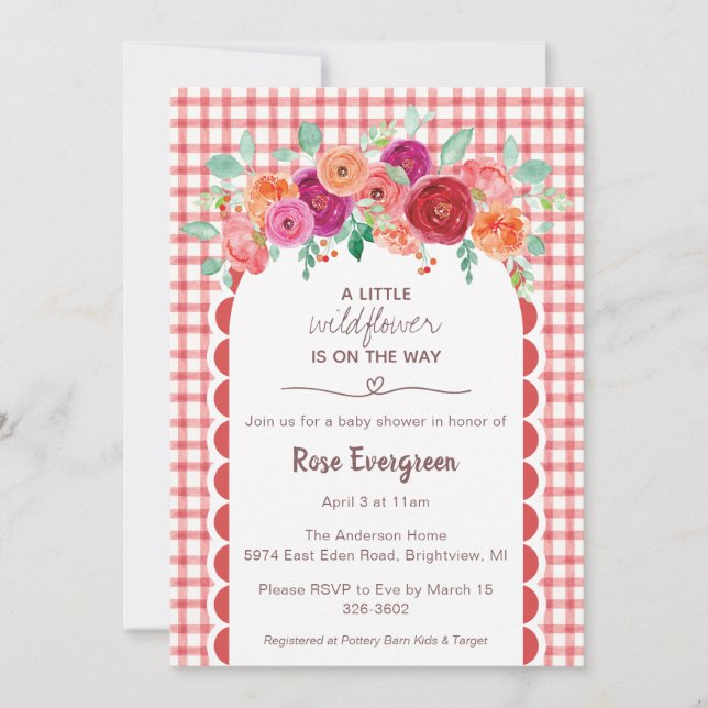 007 Red Gingham Watercolor Wildflower Baby Shower Invitation (Front)