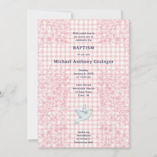 007 Red Pink Dove Botanical Cross Gingham Baptism Invitation