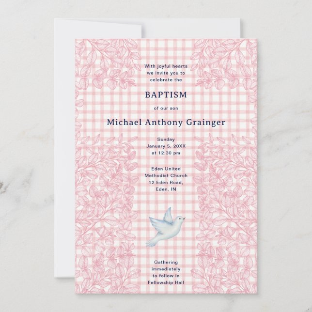 007 Red Pink Dove Botanical Cross Gingham Baptism Invitation (Front)