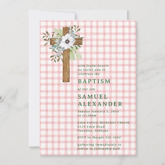 007 Red Rustic Greenery Wooden Cross Baptism Invitation (Front)