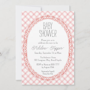 007 Red Vintage Lace Frame Gingham Baby Shower Invitation