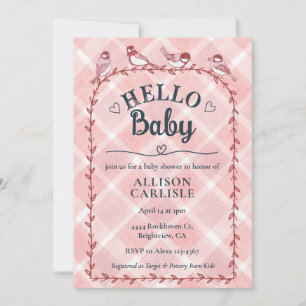 007 Red Watercolor Gingham Birds Baby Shower Invitation