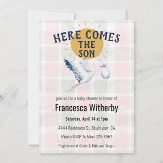 008 Blush 020 Fog Sun Plaid Stork Baby Shower Invitation