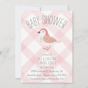 008 Blush Cute Floral Bird Gingham Baby Shower Invitation