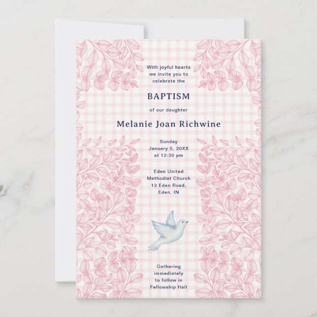 008 Blush Dove Botanical Cross Gingham Baptism Invitation (Front)