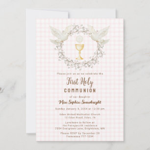 008 Blush Dove & Chalice Gingham 1st Communion Invitation