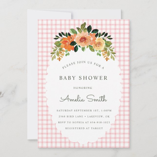 008 Blush Floral Gingham Baby Shower Invitations (Front)