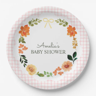 008 Blush Pink Floral Gingham Baby Shower Paper Plate