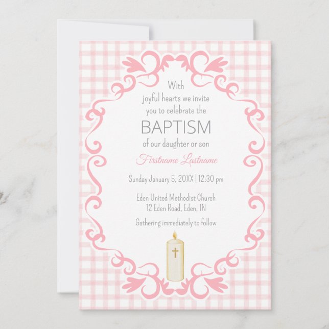 008 Blush Pink Scroll Gingham Cross Candle Baptism Invitation (Front)