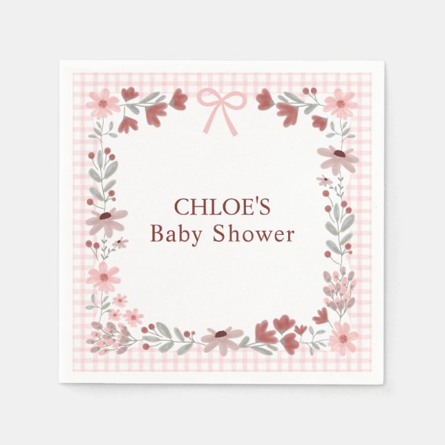 008 Blush Pink Wildflower Bow Gingham Shower Napkin (Front)