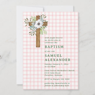 008 Blush Rustic Greenery Wooden Cross Baptism Invitation