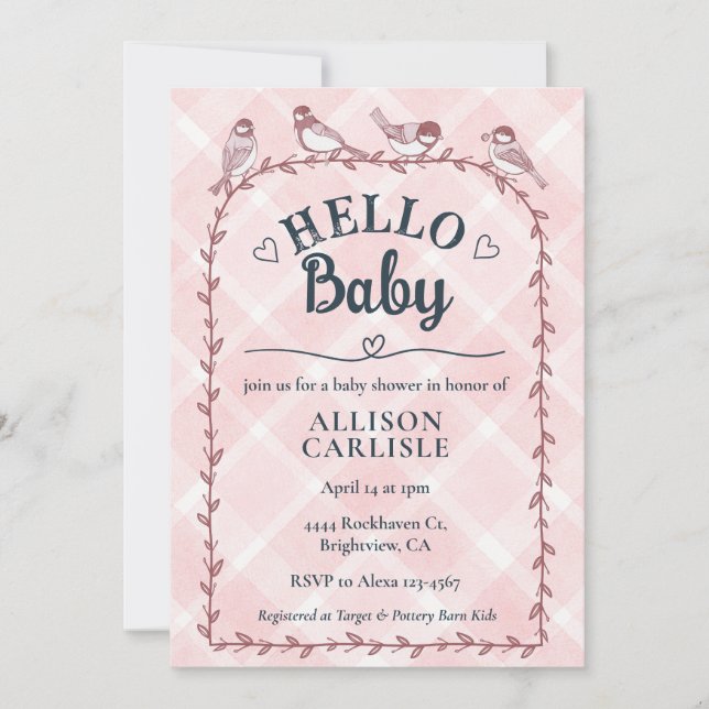 008 Blush Watercolor Gingham Birds Baby Shower Invitation (Front)