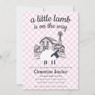 009 Fuchsia A Little Lamb Farm Gingham Baby Shower Invitation
