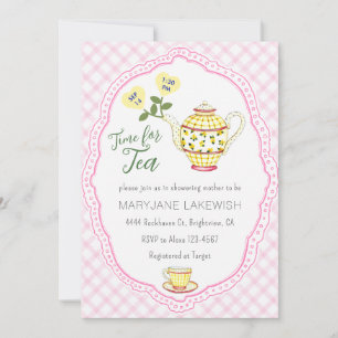 009 Fuchsia Cute Gingham Tea Party Baby Shower Invitation
